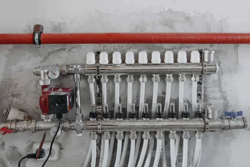 Manifold for underfloor heating with pipes and valves