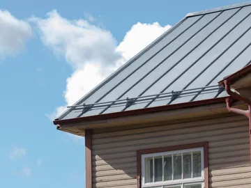 Sheet roof with snow guards and a gutter on a timber house